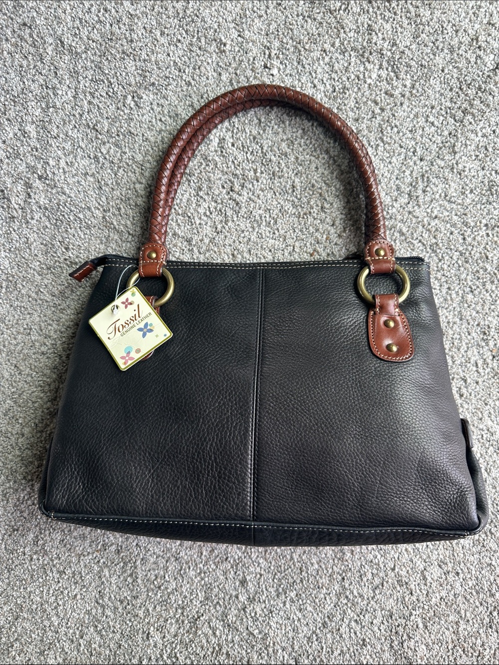 Fossil Blackt Leather Sofia Satchel with Brown Braided Handles